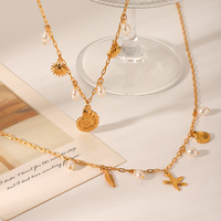 Collier avec pendentif en acier inoxydable style plage et océan, motif étoile de mer, coquillage, perle, pour femme