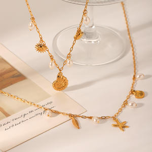 Ganku Trendy European and American Beach Style Stainless Steel Female <strong>Pearl</strong> <strong>Pendant</strong> <strong>Necklace</strong> Starfish Conch Shell Gift - Product Image 3