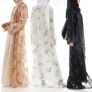 Elegante Mewah Abaaya Muslim Clothing Women Fancy Long Sleeve Lace Maxi Muslim Dress Sequin Lace Abaya With Inner Dress