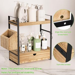 Organisateur de comptoir <span class=keywords><strong>en</strong></span> bois à 2 niveaux CF <span class=keywords><strong>pour</strong></span> cosmétiques, maquillage et produits de soin, avec tiroir, panier et 2 crochets - Product Image 4