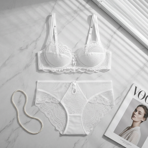 Conjunto de lencería de encaje blanco al por mayor para mujer, talla grande, sujetador push-up con aros y bragas, 2 piezas, lencería sexy transparente para mujer - Product Image 2
