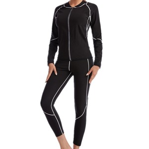 Conjunto Deportivo de Yoga Negro para Mujer con Costuras Blancas, Top de Manga Larga con Cierre Completo y Leggings para Fitness, Moldeador Corporal y Absorbente de Sudor - Product Image 1