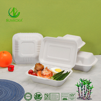SUMKOKA 600ml Contenants alimentaires à clapet 100% biodégradables en bagasse compostable avec 1 compartiment, boîtes sans plastique