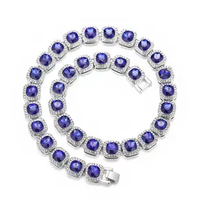 Pesona perhiasan 12mm biru persegi berlian gula es keluar zirkon rantai Kuba kalung untuk wanita pria keluaran baru 2023