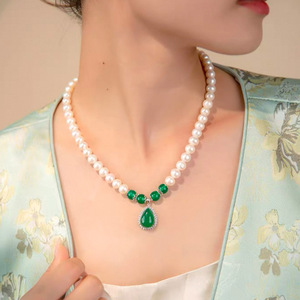 Shijia Grade A Pearl Necklace Water Drop Chalcedony Pendant Elegant Chinese Style Clavicle Chain Everyday Wear - Product Image 1