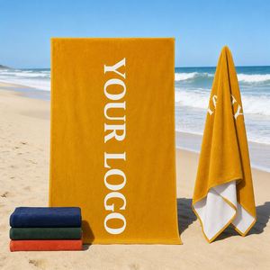 ผ้าขนหนูชายหาดกำมะหยี่สีมัสตาร์ด พิมพ์โลโก้ตามสั่ง ขายส่ง - Product Image 1