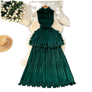 Robe midi plissée unie à volants pour femme, style Miyake vintage, taille naturelle, sans manches, vente en gros directe usine, été - Product Image 1