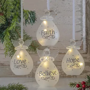Grosir Dekorasi Natal Kaca Malaikat Kristal Kaca Putih Ornamen Malaikat Natal dengan Lampu LED