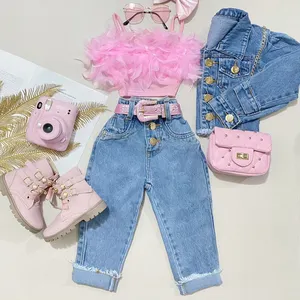 2024 Summer Cool Design Baby Clothes Girls Pink Halter T-shirt Long Denim Pants 2pcs Children Clothing Sets Outfits