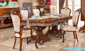 Ensemble de table à manger sculptée à la main en bois de luxe finition marbre classique avec dessus en bois de teck brillant moderne taille et couleur personnalisées - Product Image 3