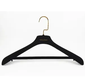 Luxury Premium Black Velvet Plastic Coat Hanger With Crossbar Durable Hanger With Customized Logo For Display