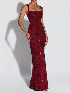 Abito da festa lungo <span class=keywords><strong>rosso</strong></span> vino con paillettes e glitter, personalizzato, da donna, con spalline, silhouette aderente, per occasioni formali, OEM ODM - Product Image 2
