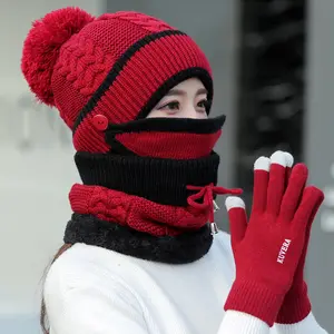 4 piece winter warm hat glove mask sets with scarf women's knitting beanie acrylic cap set girls cold weather accessory