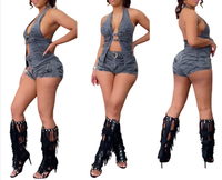 Ensemble 2 pièces d'été rétro pour femme : Gilet imprimé dos nu en jean, crop top sans manches et short avec ceinture – Tenue streetwear en jean