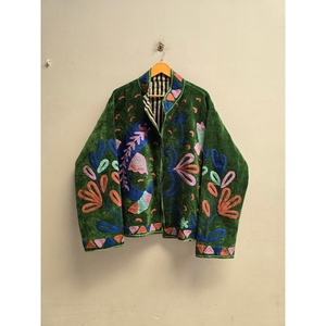 Green Corduroy Y2K <b>Jacket</b> <b>Women</b> Floral <b>Embroidered</b> Zip Up Drop Shoulder Shawl Collar Autumn Coat - Product Image 4