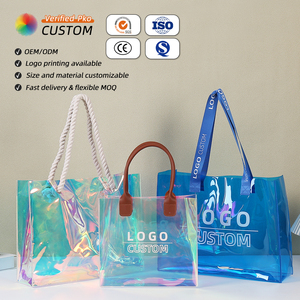 Promotional Rainbow Clear Plastic Women Beach Bags Bolsa De Compras Transparent Holographic PVC Tote Shopping Bag Custom Logo