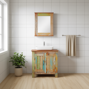 Meuble de salle de bain multicolore avec miroir, vasque en céramique, design rectangulaire, sur pied, en bois rustique, 32-34 pouces - Product Image 2