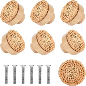 Poignées de tiroir rondes en rotin tressé couleur naturelle, 6 pièces avec vis, pour armoires en bois Golden Leaf - Product Image 1