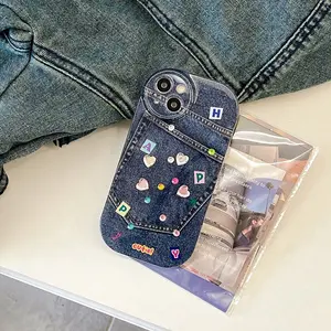 iphone 14/14plus闪亮心形钻石牛仔裤相机保护手机壳