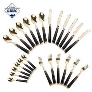 Posate Set di posate color oro produttore cinese con manico in plastica nera utensili in acciaio inossidabile coltello/forchetta/cucchiaio per la casa