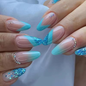 Lot de 24 faux ongles à presser, forme amande courte, coupe large, rouge et bleu, avec fleurs 3D et strass, emballage personnalisé, OEM ODM - Product Image 3
