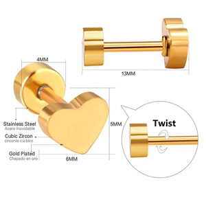 Pendientes de Acero Inoxidable con Baño de Oro de 18K, Hipoalergénicos, para Niños, Diseño de Corazón, Venta al Por Mayor, Colores Variados - Product Image 2