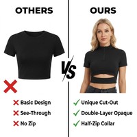 Haut court de sport pour femme à découpes à la taille, col montant, demi-zip, en jersey double maille respirant, uni, pour l'été, le yoga et la course