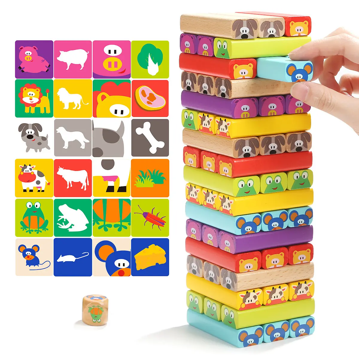 Wholesale Wooden Dice Tumbling Tower Montissori Colorful Animal Stacking Building Block Toy For Kids