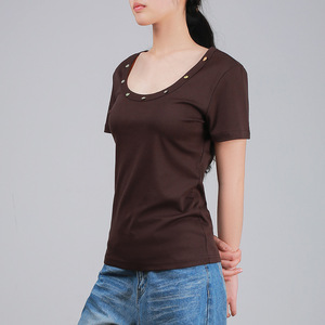 Camiseta de Manga Corta con Cuello Redondo para Mujer TS-026, Color Mocha, Tejido de Algodón, Transpirable, Corte Ajustado - Product Image 3