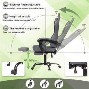 Chaise de jeu grise avec repose-pieds, appui-tête massant, <span class=keywords><strong>coussin</strong></span> <span class=keywords><strong>lombaire</strong></span> pour joueurs, salle de jeux, bureau, chaise inclinable pour jeux vidéo - Product Image 5