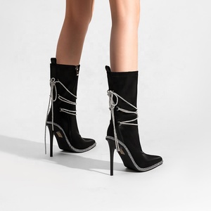 Bottines mi-mollet à talon aiguille et bout pointu pour femmes, <span class=keywords><strong>noires</strong></span>, coréennes, formelles, avec strass, à enfiler - Product Image 2
