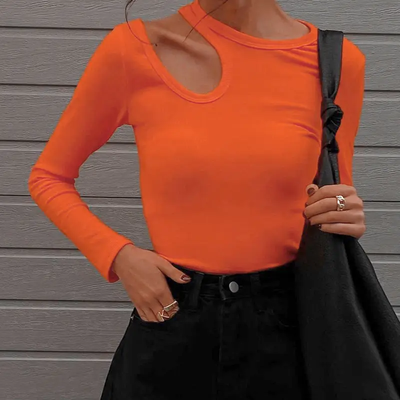 Women Round Neck Solid Color Slim T Shirt Irregular Long Sleeved Blouse Top