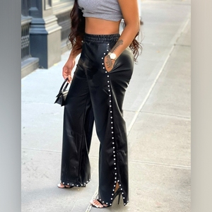 Pantaloni Larghi Casual da Donna Autunno/Inverno in <span class=keywords><strong>Pelle</strong></span> PU con Tasche e Strass, Tinta Unita, Stile Sehe Fashion - Product Image 2