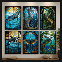 Impression sur toile encadrée style vitrail baleine bleue pour décoration murale océanique, idéale pour maison de plage, salon, hôtel, intérieur côtier