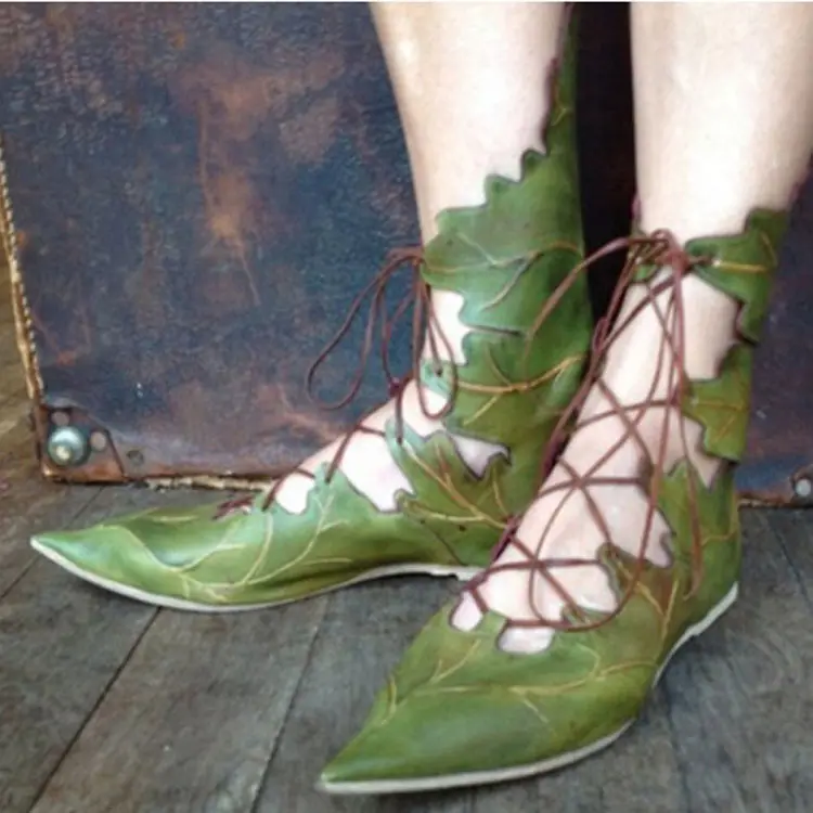 Büyülü bandaj sivri burun çizmeler fantezi kostüm düz ayakkabı elf açık dantel yeşil yaprak botları