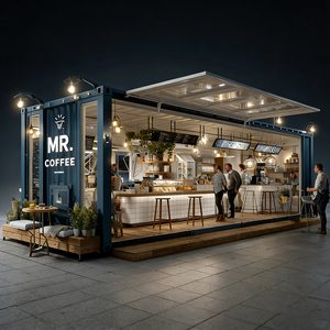 Simple Café & Roastery Featuring White Metal Stools and Linear Tiered Open Shelving Design - Product Image 3