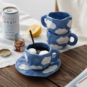 แก้วกาแฟลายเมฆพร้อมถาด,ชุดแก้วชาน่ารักลาย Gilrly สีชมพูทำด้วยมือแบบสร้างสรรค์ขนาด300มล. - Product Image 6