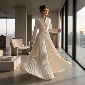 Ensemble tailleur deux pièces pour <span class=keywords><strong>femme</strong></span> : Blazer court et <span class=keywords><strong>pantalon</strong></span> plissé <span class=keywords><strong>à</strong></span> jambes larges – Élégant, formel, crème, luxe, couture sur mesure Jinyuan - Product Image 5