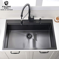 Évier de cuisine encastré à cuve unique en acier inoxydable nano noir brossé, fait main, petite taille, avec robinet