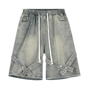 Nouveautés : Shorts en jean pour homme avec cordon de serrage, style designer, tendance, avec ceinture boutonnée, coupe ample, en denim, pour homme, style rétro décontracté - Product Image 1