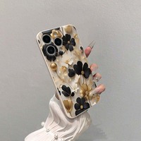 Luxe Noir Fleur Impression Bord Droit Silicone TPU Housse de Téléphone Portable pour Iphone X Xr Xs 11 12 13 14 15 16 17 Pro Max