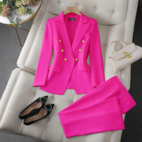 Ensemble blazer pour femme, crème blanc, double boutonnage, boutons dorés, blazer ajusté, pantalon assorti, élégant, chic, bureau, affaires, travail