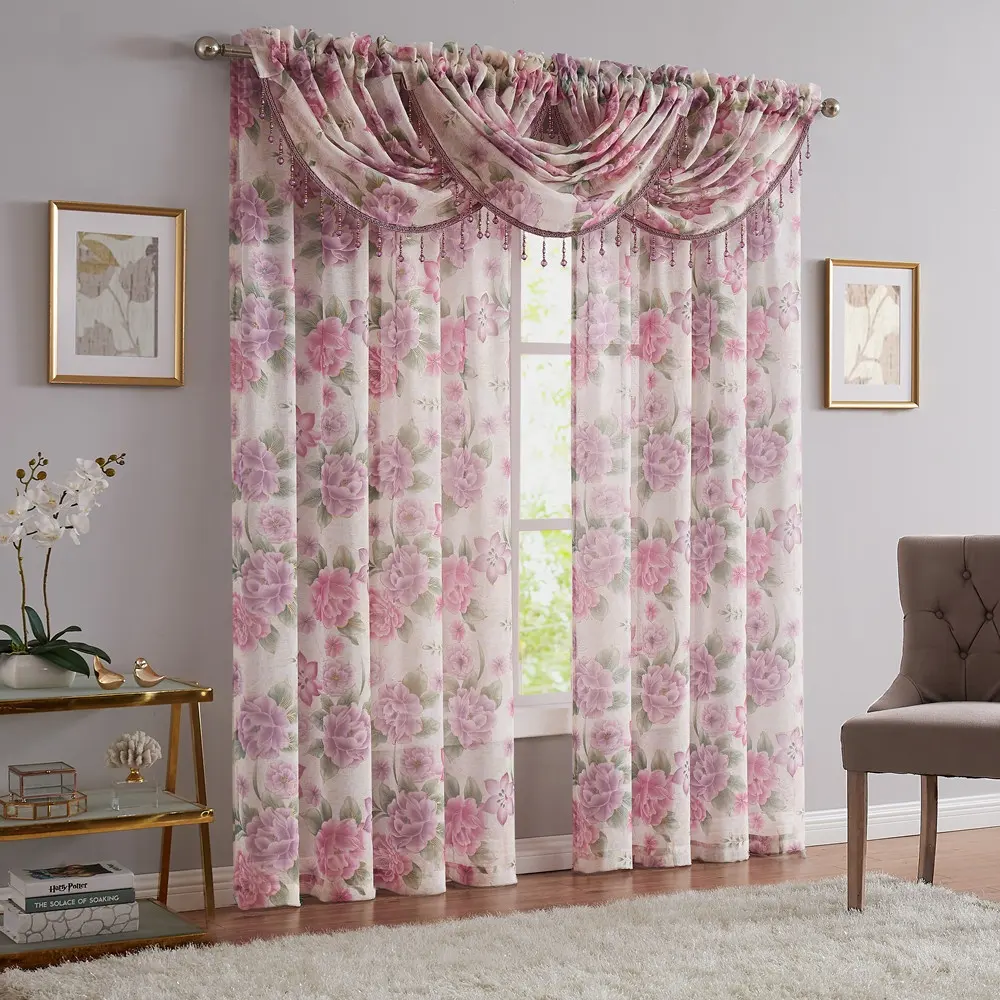 Cortina de tule para quarto, cortina estampada floral de luxo barata com valance para sala de estar quarto com design bordado