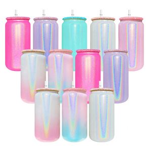 Verre en forme de canette de bière 16 oz à sublimation, effet dégradé arc-en-ciel scintillant, avec couvercle en bambou et paille en PP - Product Image 1