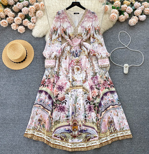 เดรสยาวทรงเข้ารูป แขนพอง คอวี ลายพิมพ์วินเทจ สไตล์ผู้หญิง แฟชั่น - Product Image 3