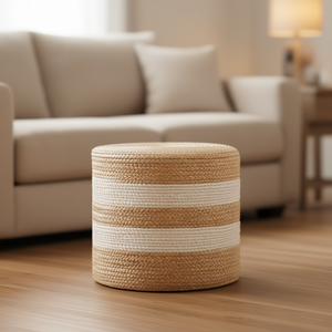 Pouf Contenitore Artigianale in Giacinto d'Acqua, Poggiapiedi Moderno per Soggiorno, Arredamento per Hotel e Casa - Product Image 2