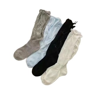 Women's Over The Knee Slouch <b>Socks</b> With Bow Design Breathable Gray White Blue <b>Black</b> Polyester Fiber Youth Size - Product Image 4
