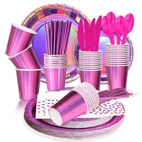 Ensemble de vaisselle de fête universel en papier rouge rose vibrant pour les fêtes d'anniversaire sur le thème des sirènes et des discothèques
