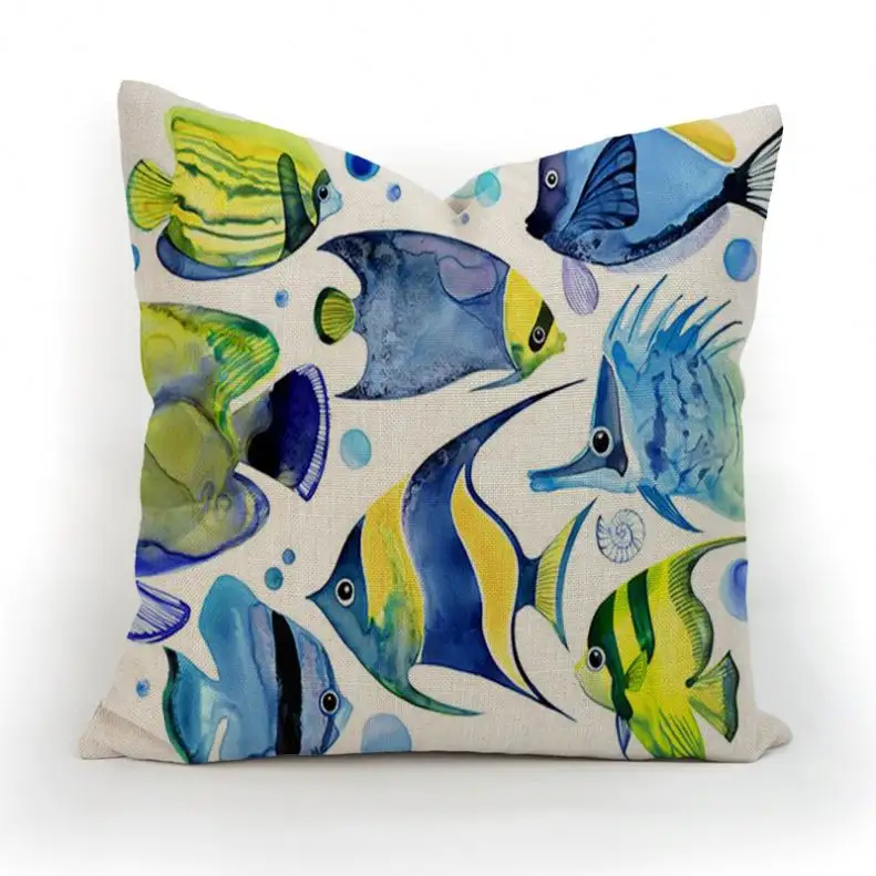 Colorful Sea Animal Fish Pattern Cotton Linen cotton custom digital printed Cushion Cover throw pillow case