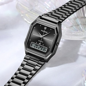 Montre multifonction carrée noire LIGE FB0099 pour femmes, 2 fuseaux horaires, acier inoxydable, montre-bracelet lumineuse, montre numérique LED, cadeau pour femme - Product Image 2